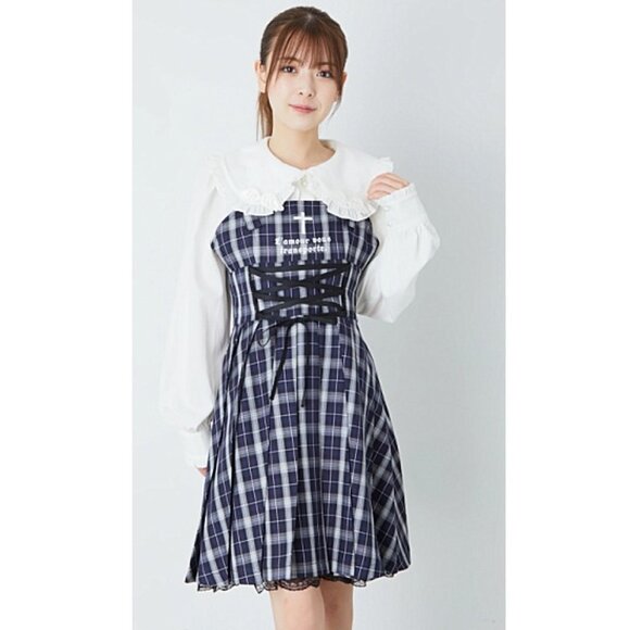 ANK ROUGE Hime Gyaru blue plaid corset front dress - Picture 3 of 8